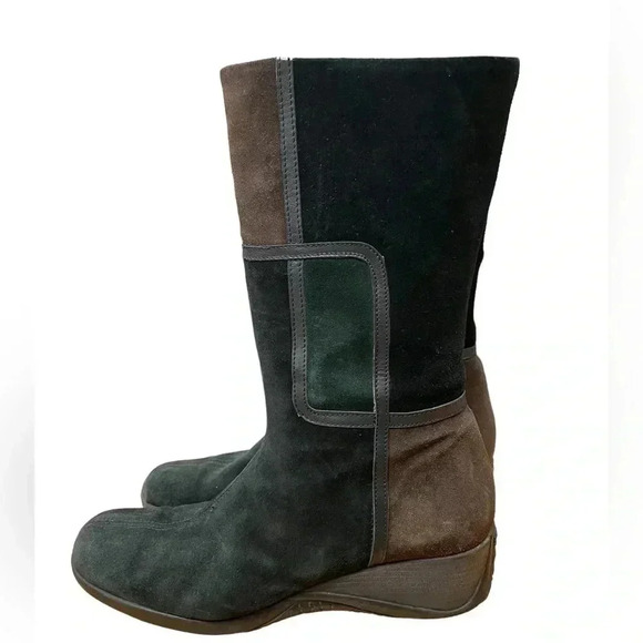 Aquatalia Black/Brown Green Suede ColourBlock Wedge Italian Boots Size 10 - Picture 4 of 9